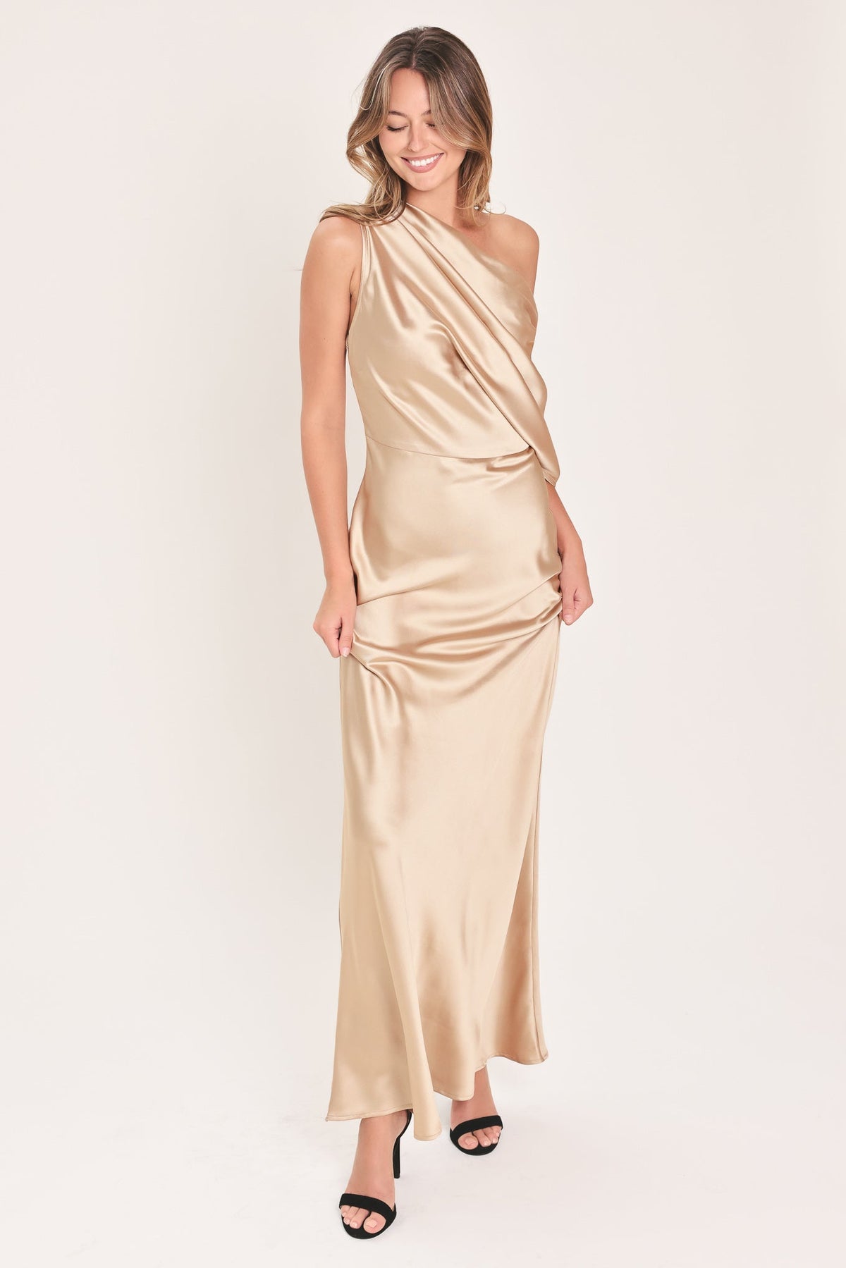 GILDED DRAPE SATIN ONE-SHOULDER MAXI DRESS
