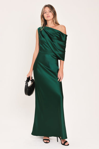 GILDED DRAPE SATIN ONE-SHOULDER MAXI DRESS
