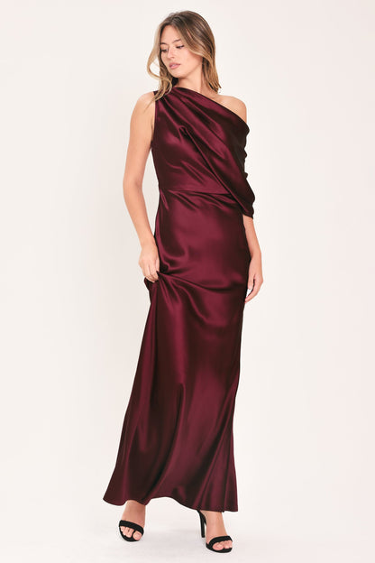 GILDED DRAPE SATIN ONE-SHOULDER MAXI DRESS
