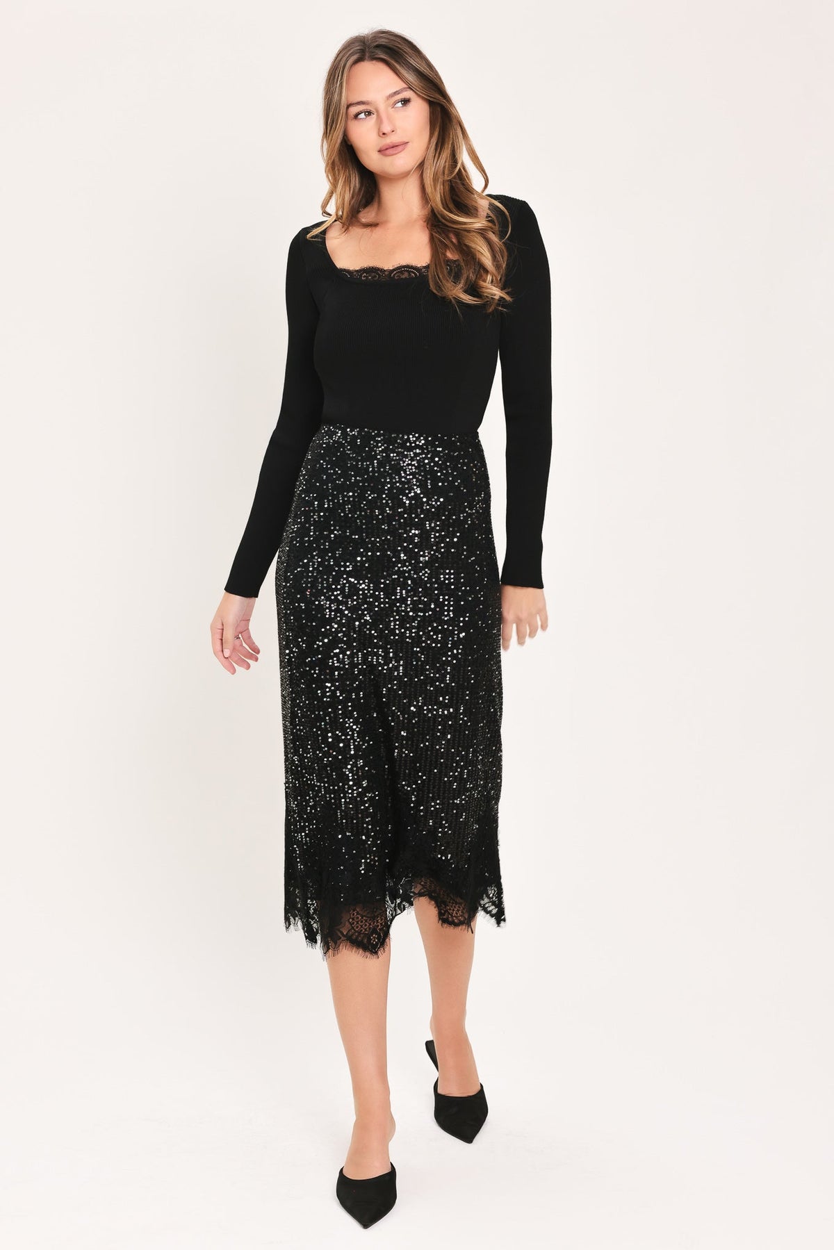 BRONZE LUSTER BRONZE/BLACK SEQUIN LACE-HEM MIDI SKIRT