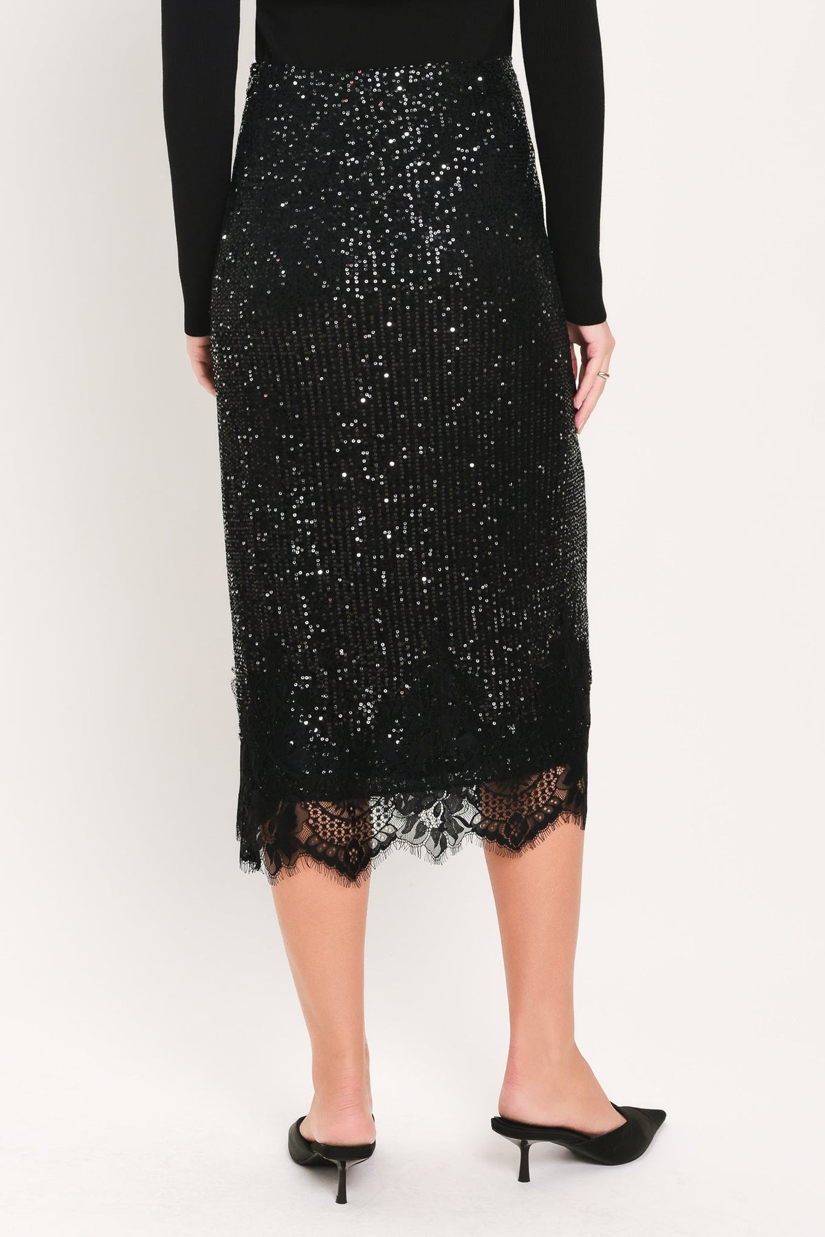 BRONZE LUSTER BRONZE/BLACK SEQUIN LACE-HEM MIDI SKIRT