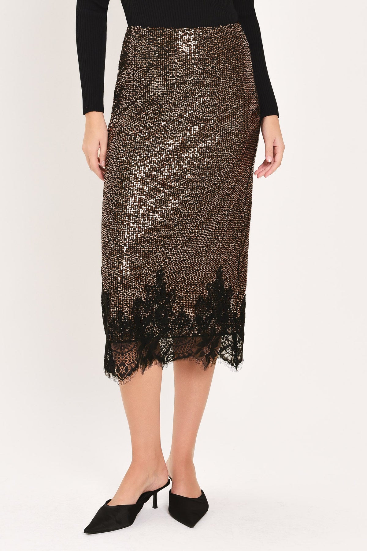 BRONZE LUSTER BRONZE/BLACK SEQUIN LACE-HEM MIDI SKIRT