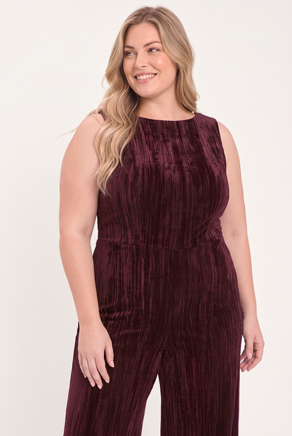 BORDEAUX NIGHTS BURGUNDY TEXTURED VELVET WIDE-LEG JUMPSUIT