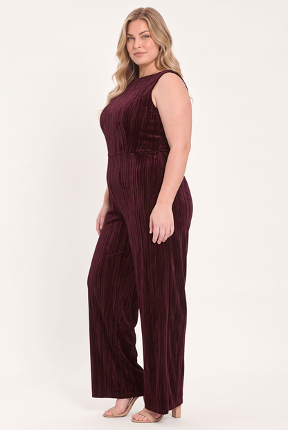 BORDEAUX NIGHTS BURGUNDY TEXTURED VELVET WIDE-LEG JUMPSUIT