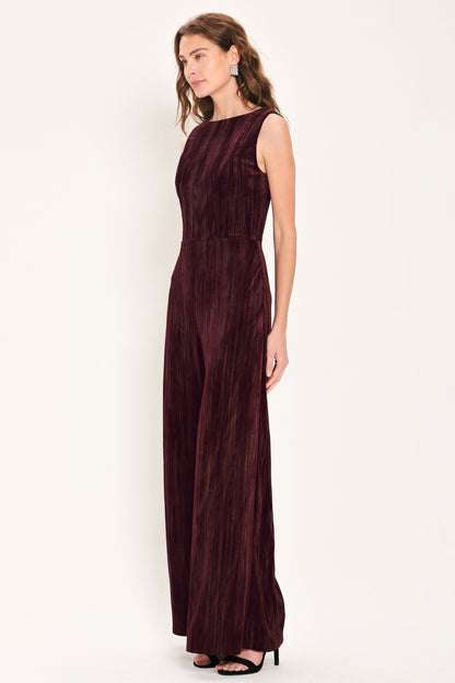 BORDEAUX NIGHTS BURGUNDY TEXTURED VELVET WIDE-LEG JUMPSUIT