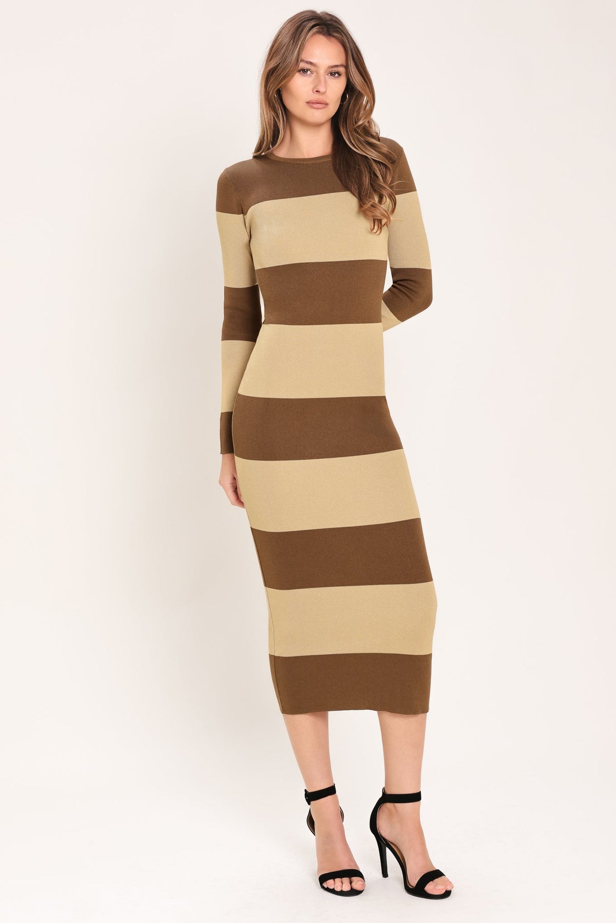 Flying Tomato Espresso & Cream Sweater Knit Midi Dress