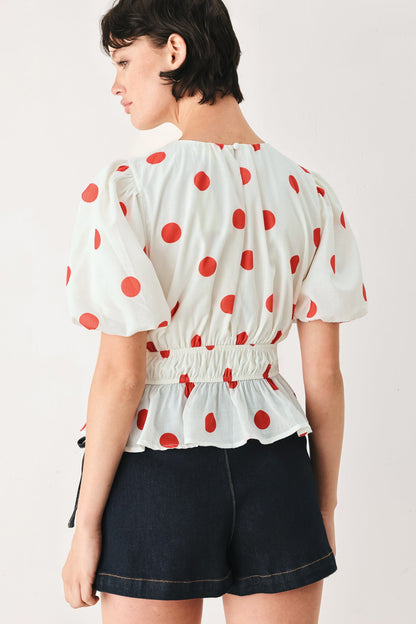 CHERRY KISS POLKA DOT WOVEN TOP