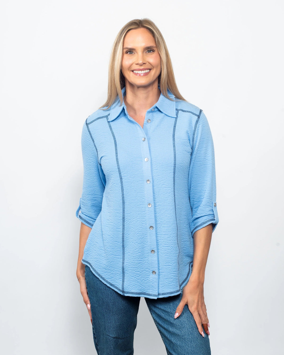 Seersucker Contrast Stitching Button Up