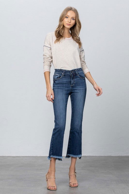 Insane Gene Fray Waistband Detail Crop Boot Cut Jeans us.meeeshop - Pants