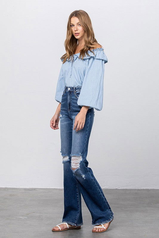 Insane Gene High Rise Frayed Hem Flare Jeans us.meeeshop - 