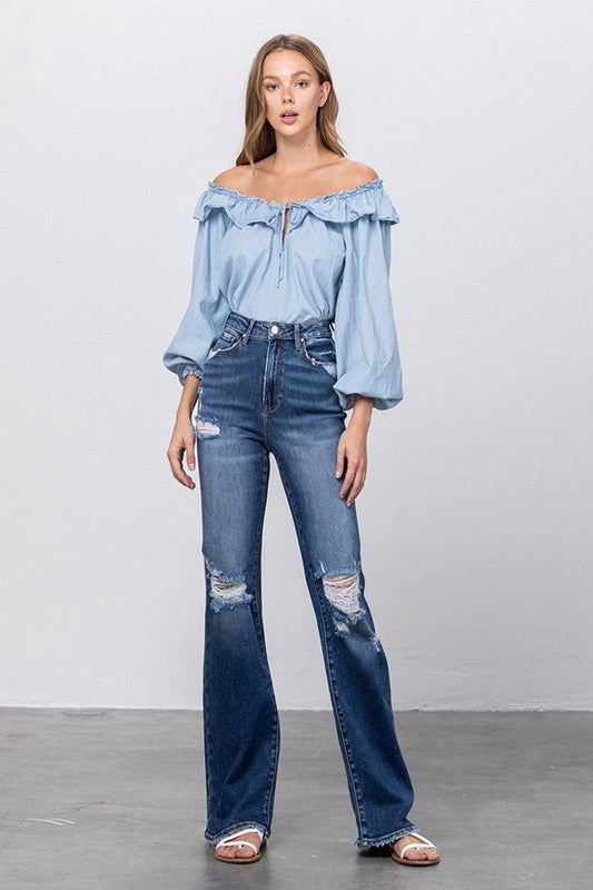 Insane Gene High Rise Frayed Hem Flare Jeans us.meeeshop - Pants