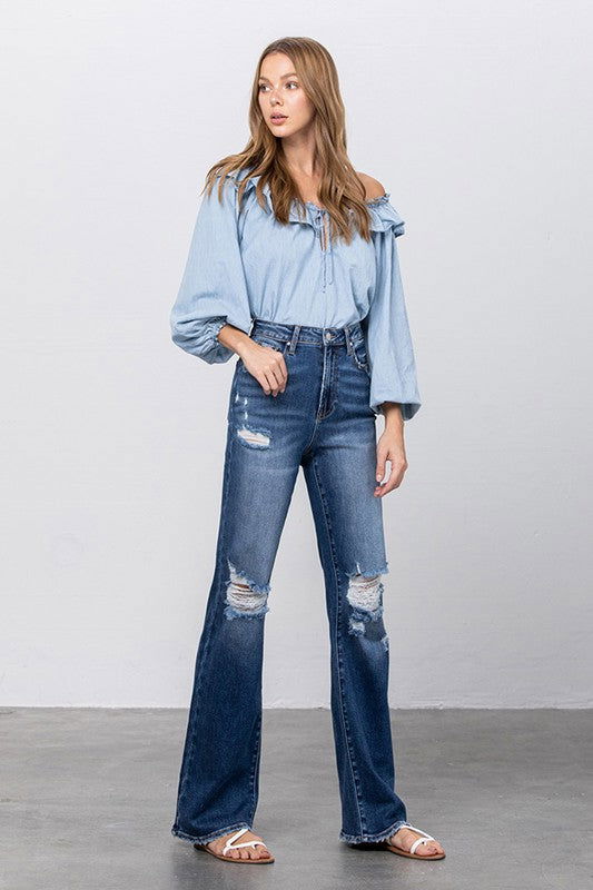 Insane Gene High Rise Frayed Hem Flare Jeans us.meeeshop - 