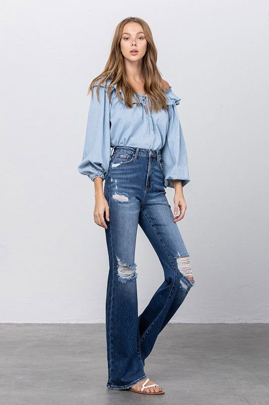 Insane Gene High Rise Frayed Hem Flare Jeans us.meeeshop - 