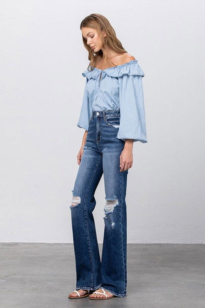 Insane Gene High Rise Frayed Hem Flare Jeans us.meeeshop - 