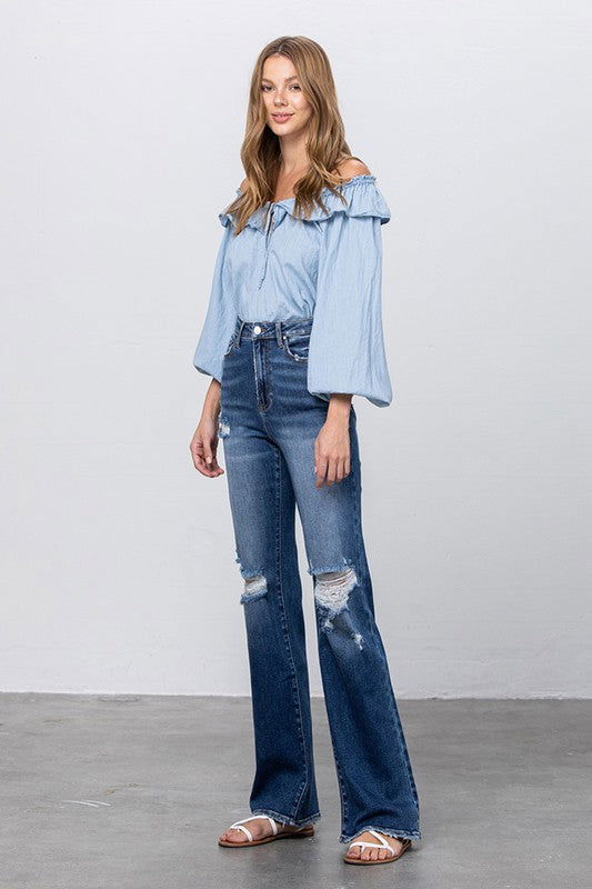 Insane Gene High Rise Frayed Hem Flare Jeans us.meeeshop - 