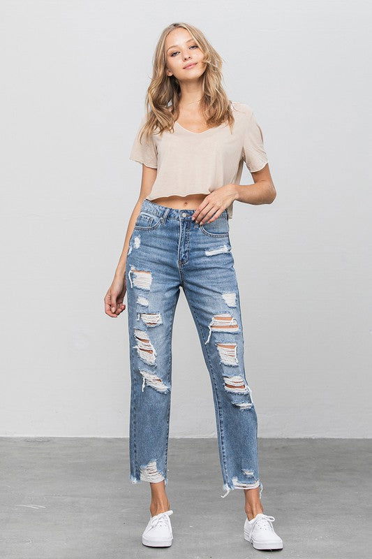 Insane Gene High Waist Heavy Distressed Girlfriend Jeans us.meeeshop - Pants