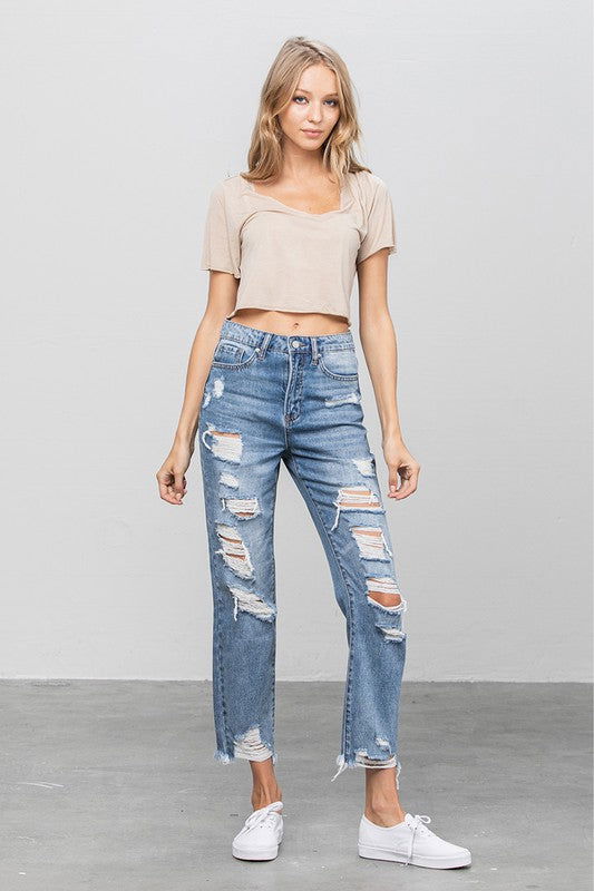 Insane Gene High Waist Heavy Distressed Girlfriend Jeans us.meeeshop - 