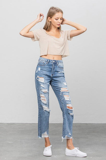 Insane Gene High Waist Heavy Distressed Girlfriend Jeans us.meeeshop - 