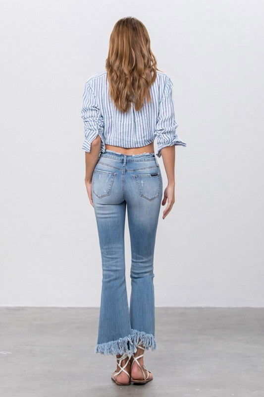 Insane Gene Mid Rise Long Bottom Frayed Crop Flare Jeans us.meeeshop - 