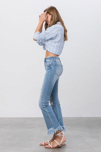 Insane Gene Mid Rise Long Bottom Frayed Crop Flare Jeans us.meeeshop - 