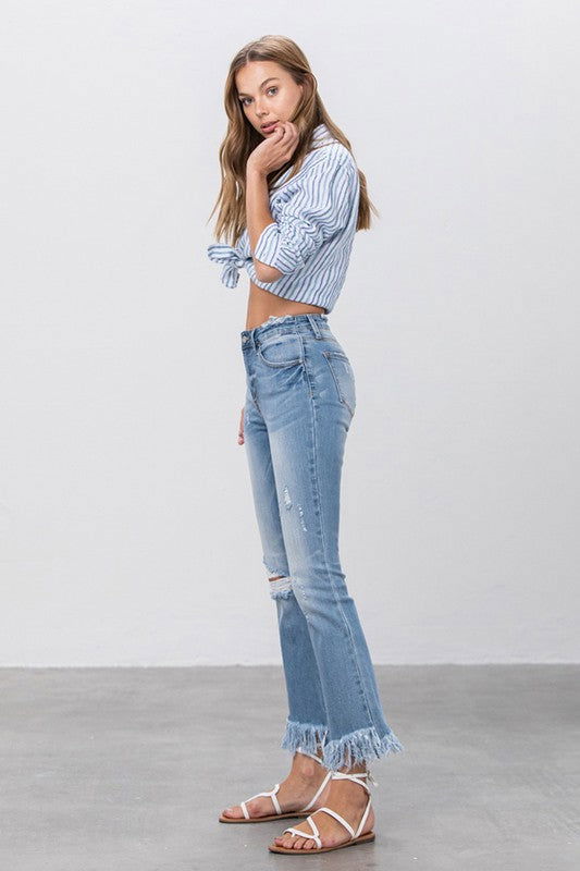 Women's Insane Gene Mid Rise Long Bottom Frayed Crop Flare Jeans - us.meeeshop