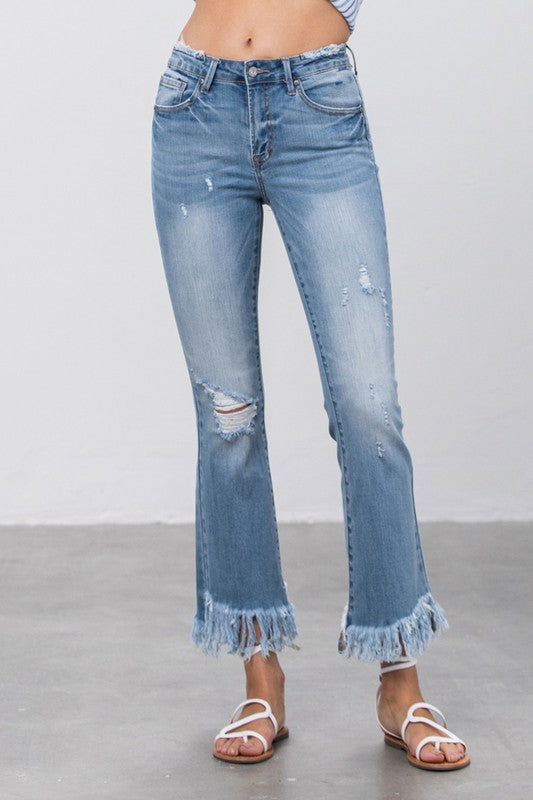 Women's Insane Gene Mid Rise Long Bottom Frayed Crop Flare Jeans - us.meeeshop