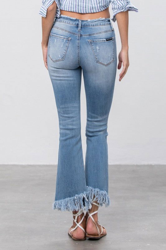 Women's Insane Gene Mid Rise Long Bottom Frayed Crop Flare Jeans - us.meeeshop