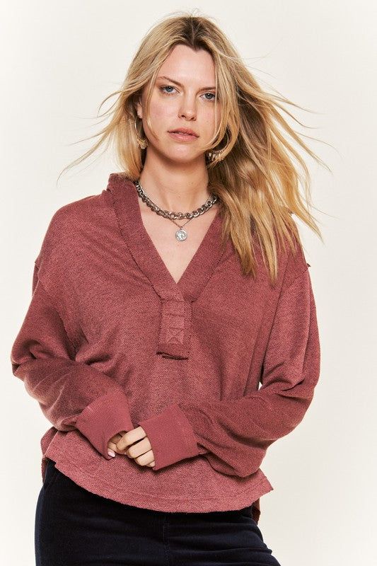 Jade By Jane Deep V-neck Collared Long sleeve Knit Top us.meeeshop - Shirts & Tops