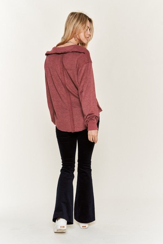 Jade By Jane Deep V-neck Collared Long sleeve Knit Top us.meeeshop - 