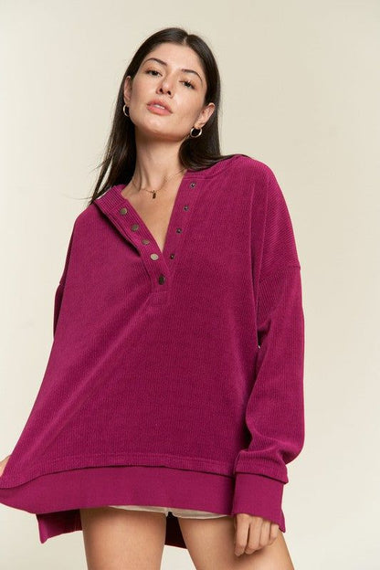 Jade By Jane Long Sleeve Button Down Ribbed Hooded Sweatshirt us.meeeshop - 