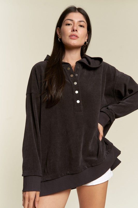 Jade By Jane Long Sleeve Button Down Ribbed Hooded Sweatshirt us.meeeshop - Shirts & Tops