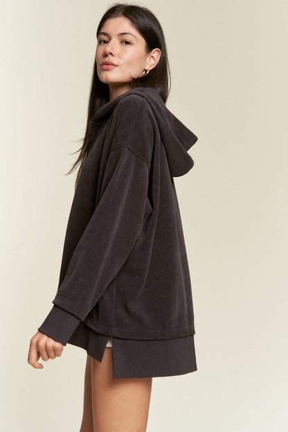 Jade By Jane PLUS Long Slv Buton Down Ribbed Hooded Sweatshirt us.meeeshop - 