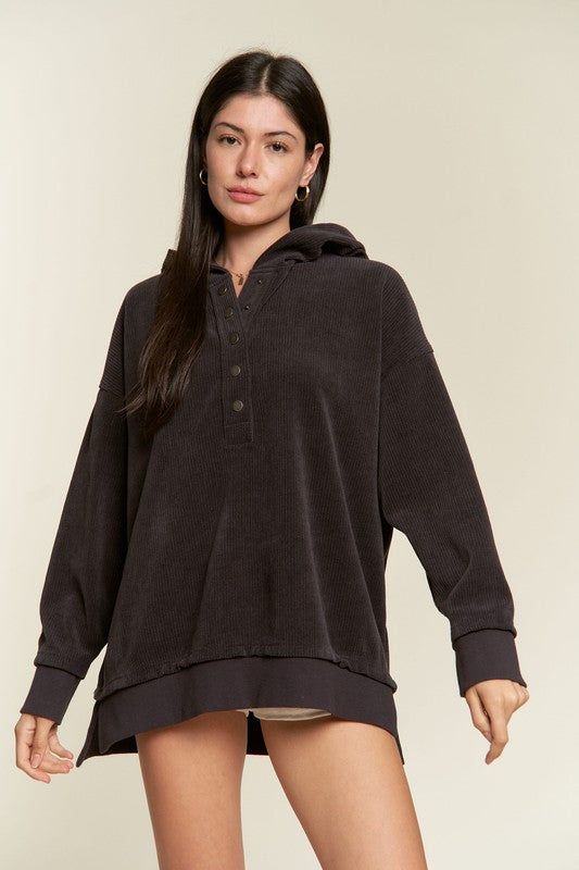 Jade By Jane PLUS Long Slv Buton Down Ribbed Hooded Sweatshirt us.meeeshop - 