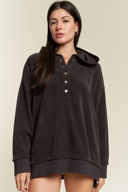 Jade By Jane PLUS Long Slv Buton Down Ribbed Hooded Sweatshirt us.meeeshop - 