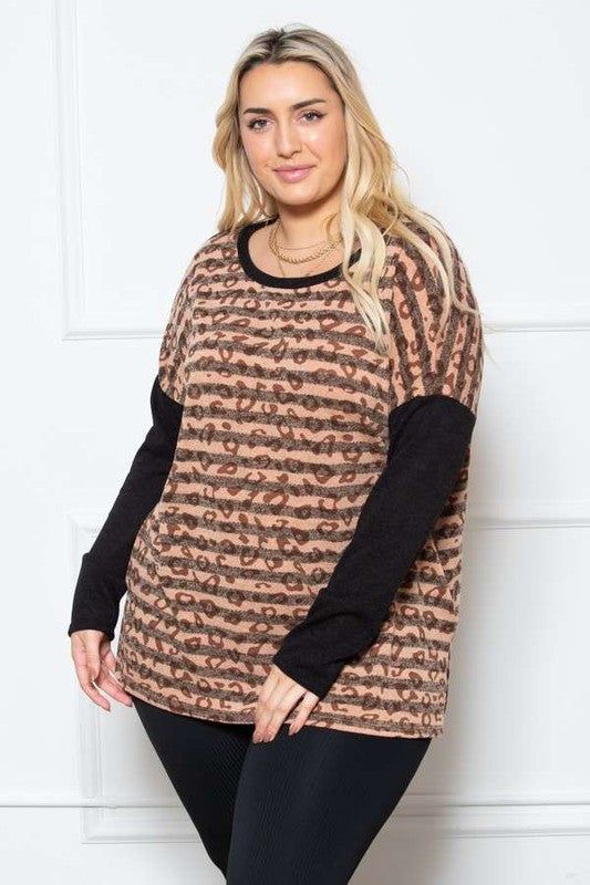 Jade By Jane Plus Size Striped Animal Print Long Sleeve Top us.meeeshop - Shirts & Tops