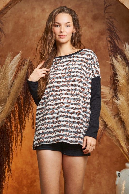 Jade By Jane Striped Animal Print Long Sleeve Top us.meeeshop - Shirts & Tops