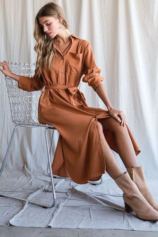 Jade By Jane Solid Button Down Belted Long Dress | us.meeeshop