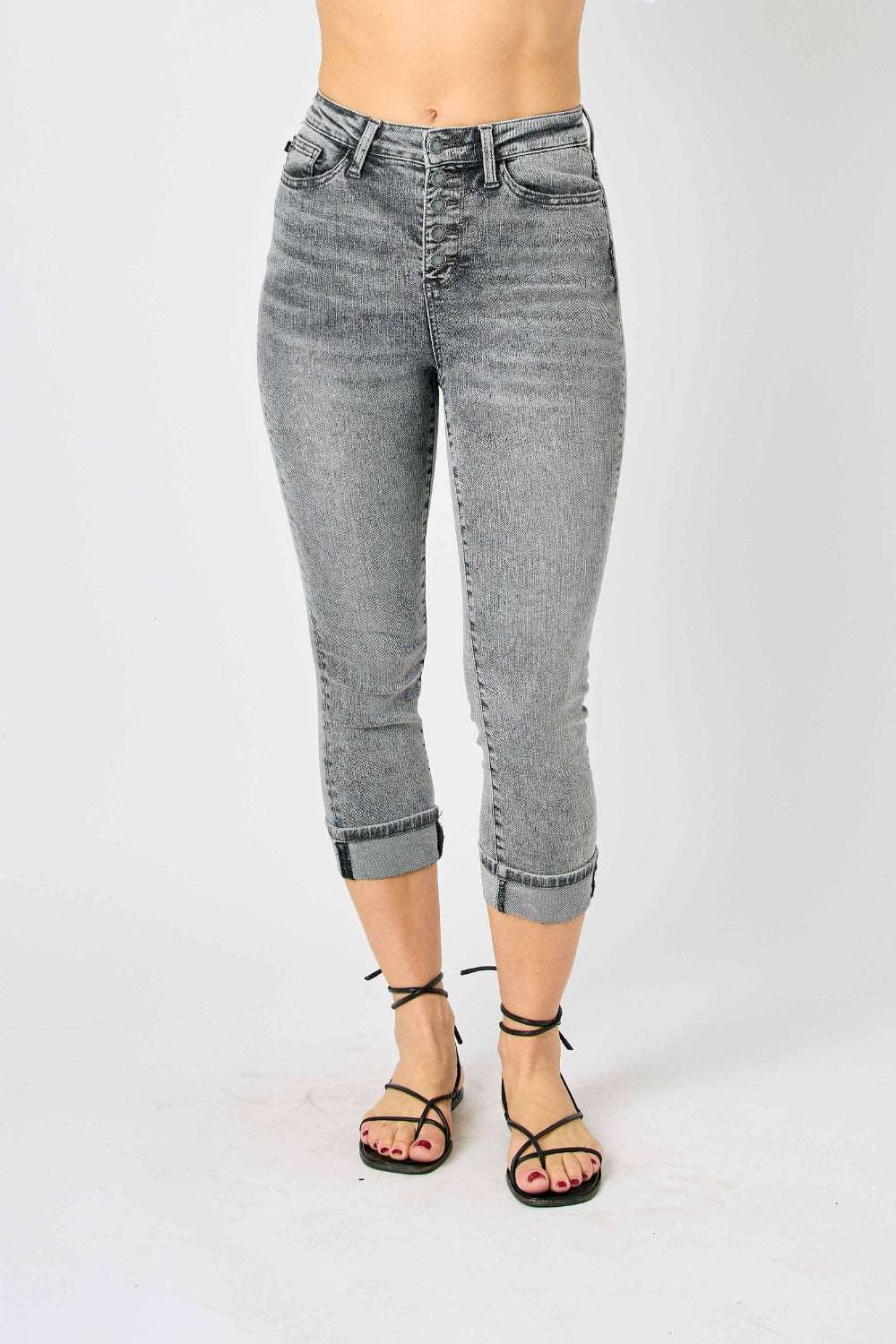 Judy Blue Full Size Button Fly High Waist Cuffed Capris us.meeeshop - 