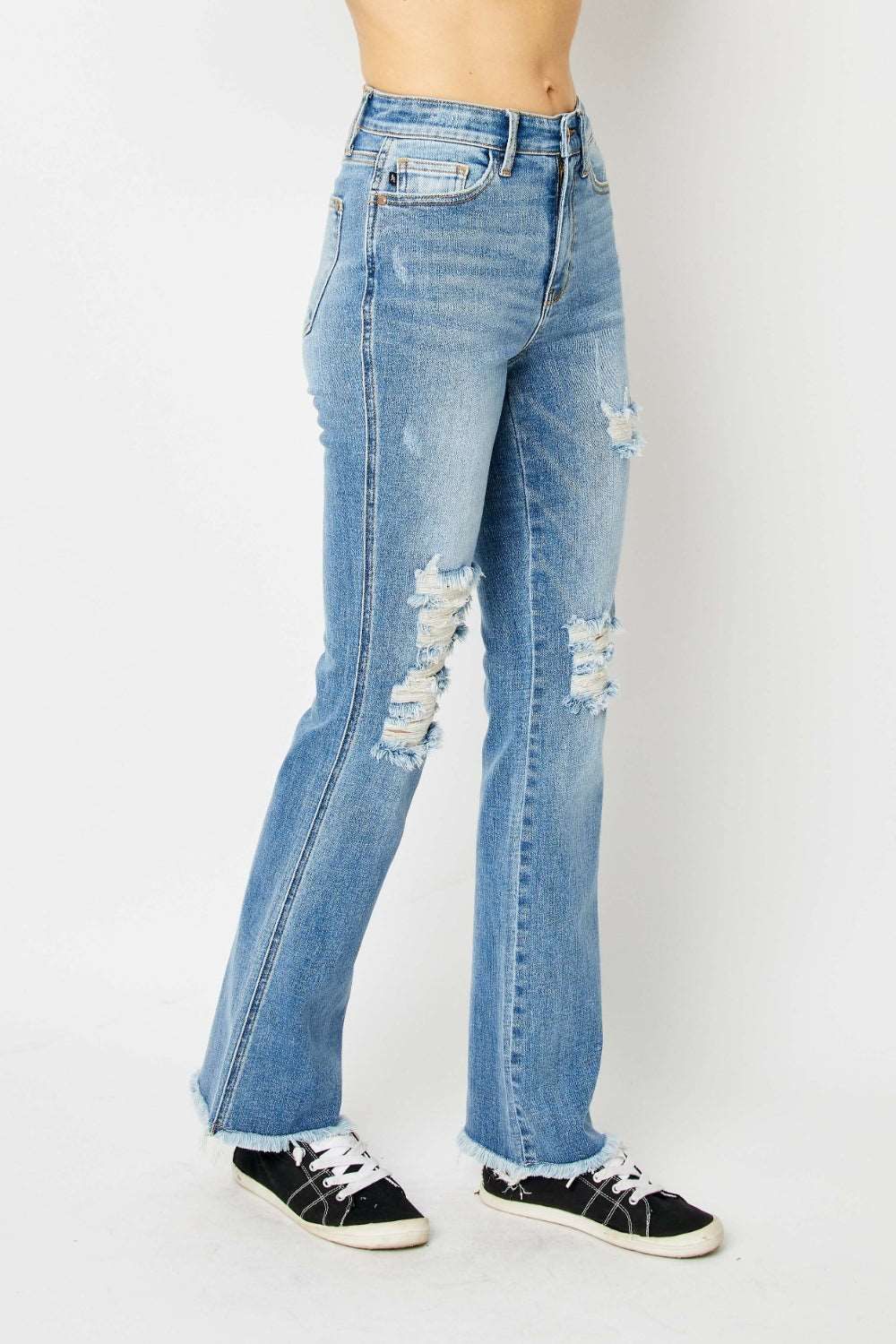 Judy Blue Full Size Distressed Raw Hem Bootcut Jeans us.meeeshop - 