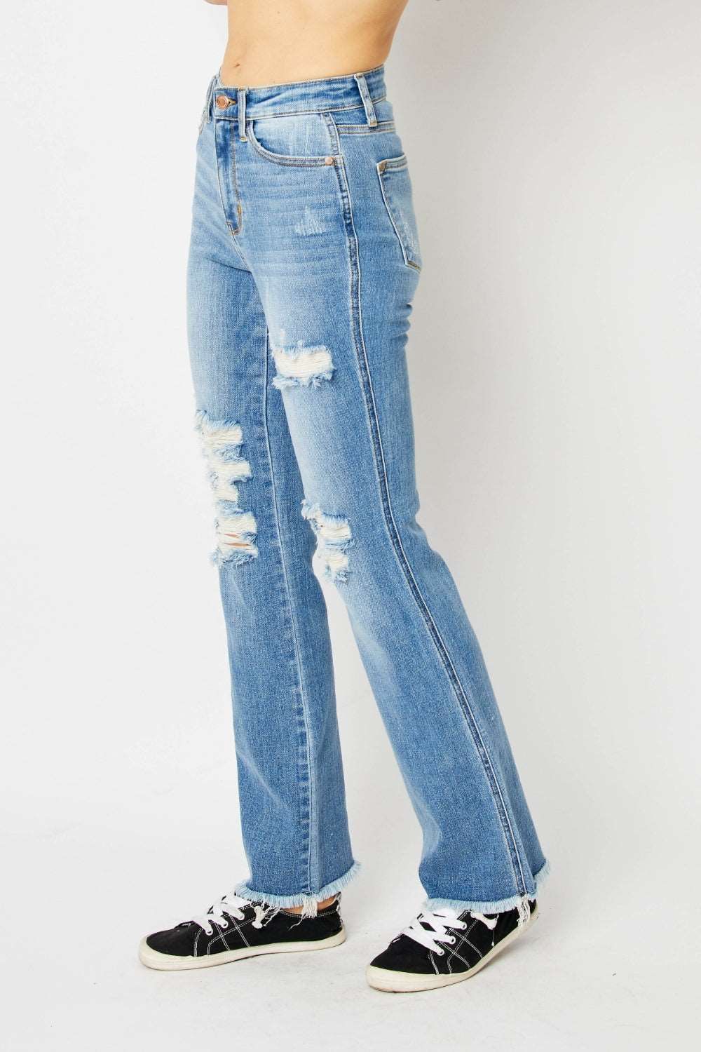 Judy Blue Full Size Distressed Raw Hem Bootcut Jeans us.meeeshop - 