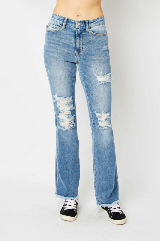 Judy Blue Full Size Distressed Raw Hem Bootcut Jeans us.meeeshop - Pants