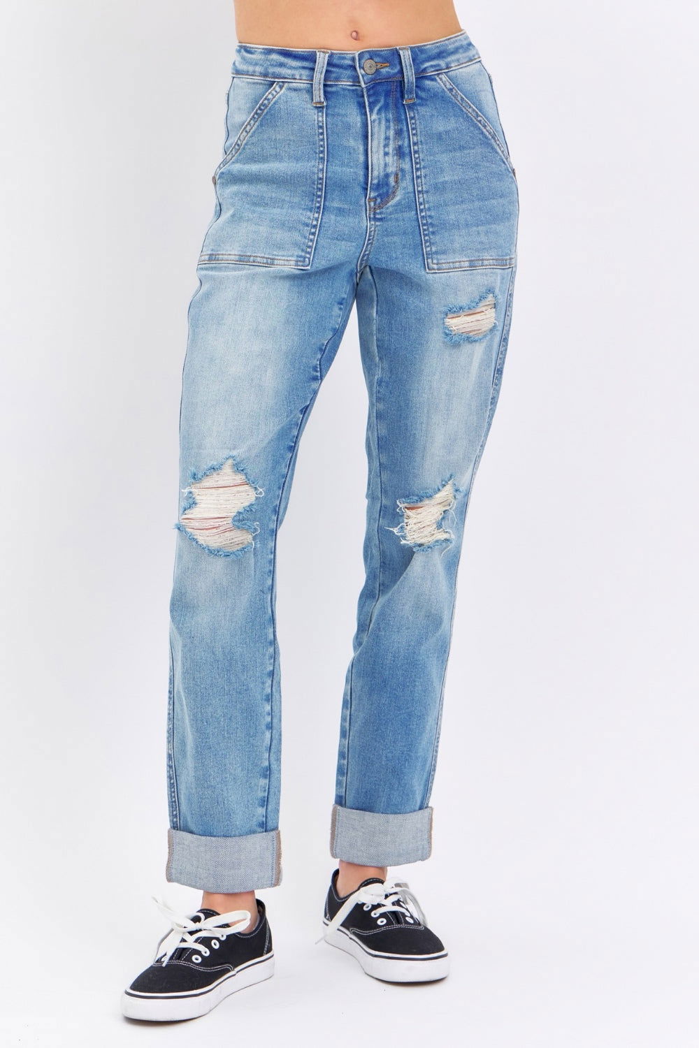 Judy Blue Full Size Distressed Straight Jeans with Patch Pockets us.meeeshop - 