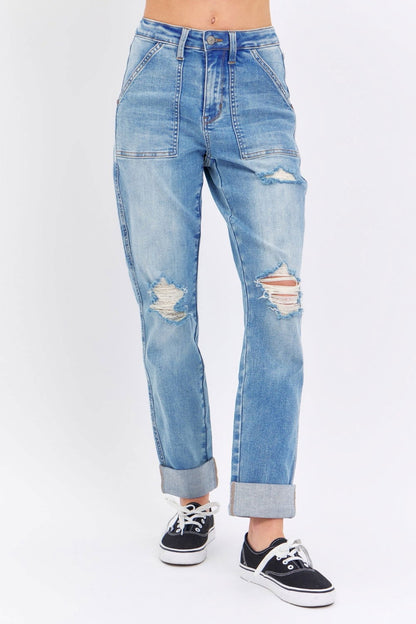 Judy Blue Full Size Distressed Straight Jeans with Patch Pockets us.meeeshop - Pants