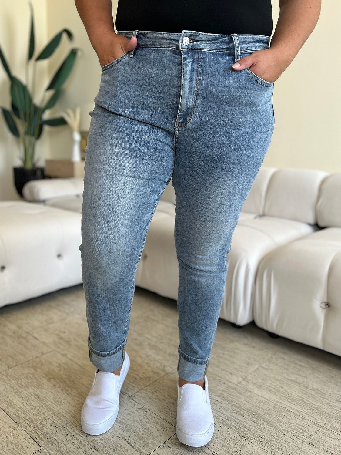 Judy Blue Full Size High Waist Cuff Hem Skinny Jeans us.meeeshop - Pants