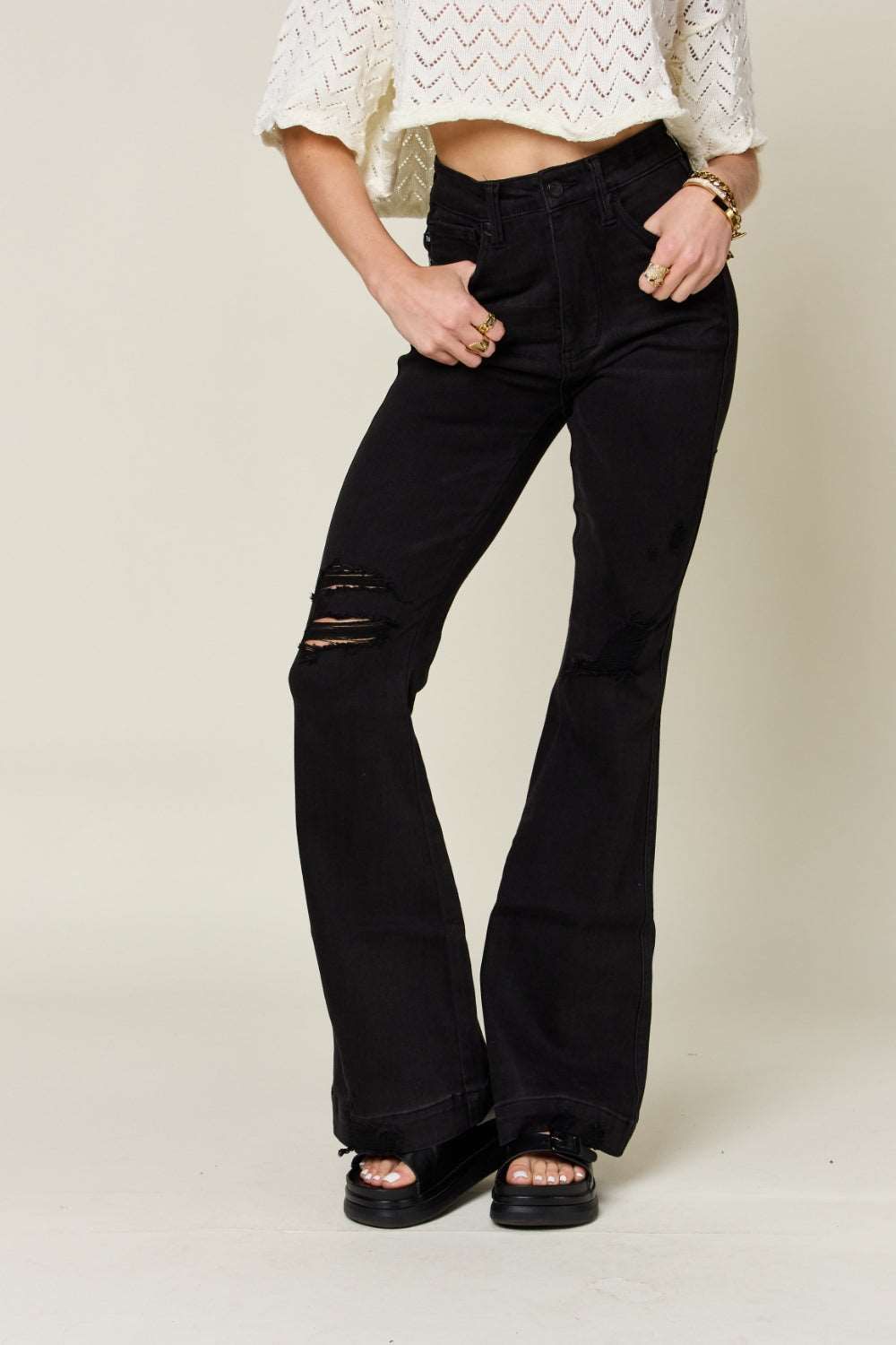 Judy Blue Full Size High Waist Distressed Flare Jeans us.meeeshop - 