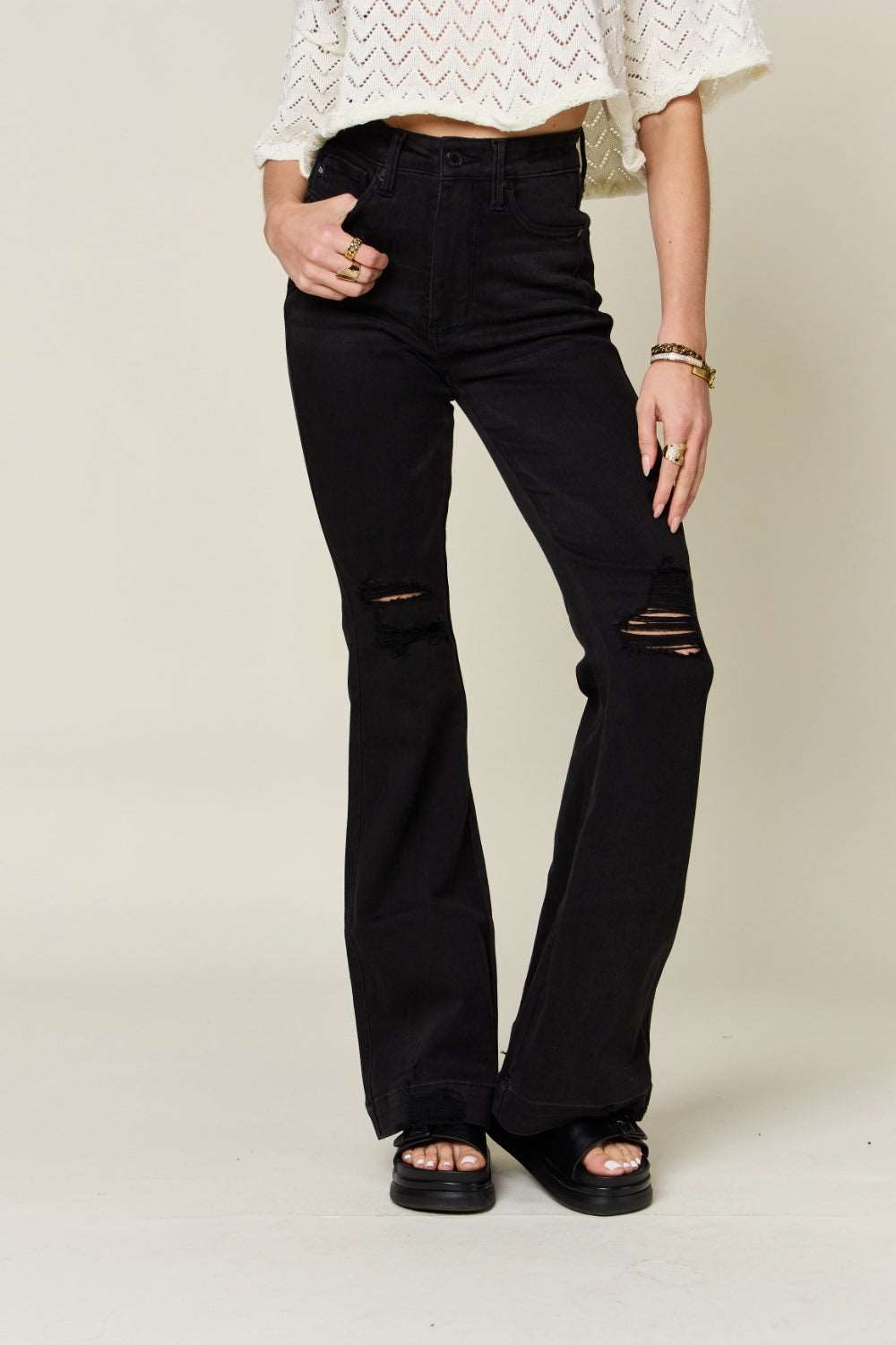 Judy Blue Full Size High Waist Distressed Flare Jeans us.meeeshop - Pants