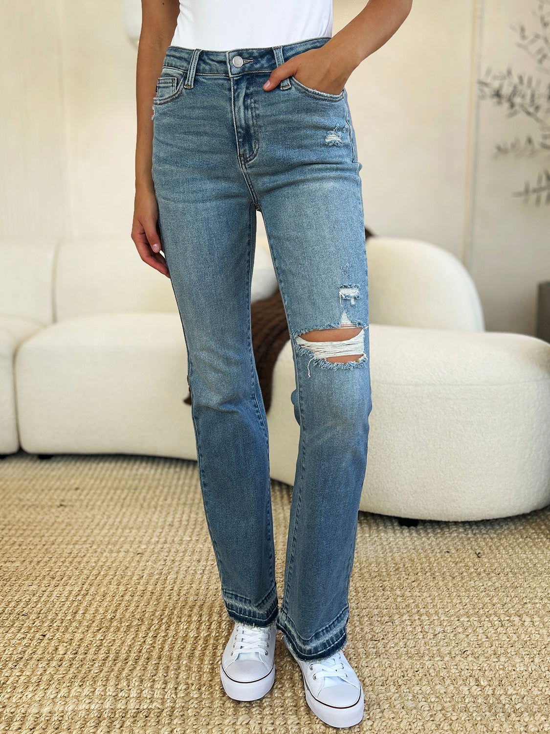 Judy Blue Full Size Mid Rise Destroyed Hem Distressed Jeans us.meeeshop - Pants