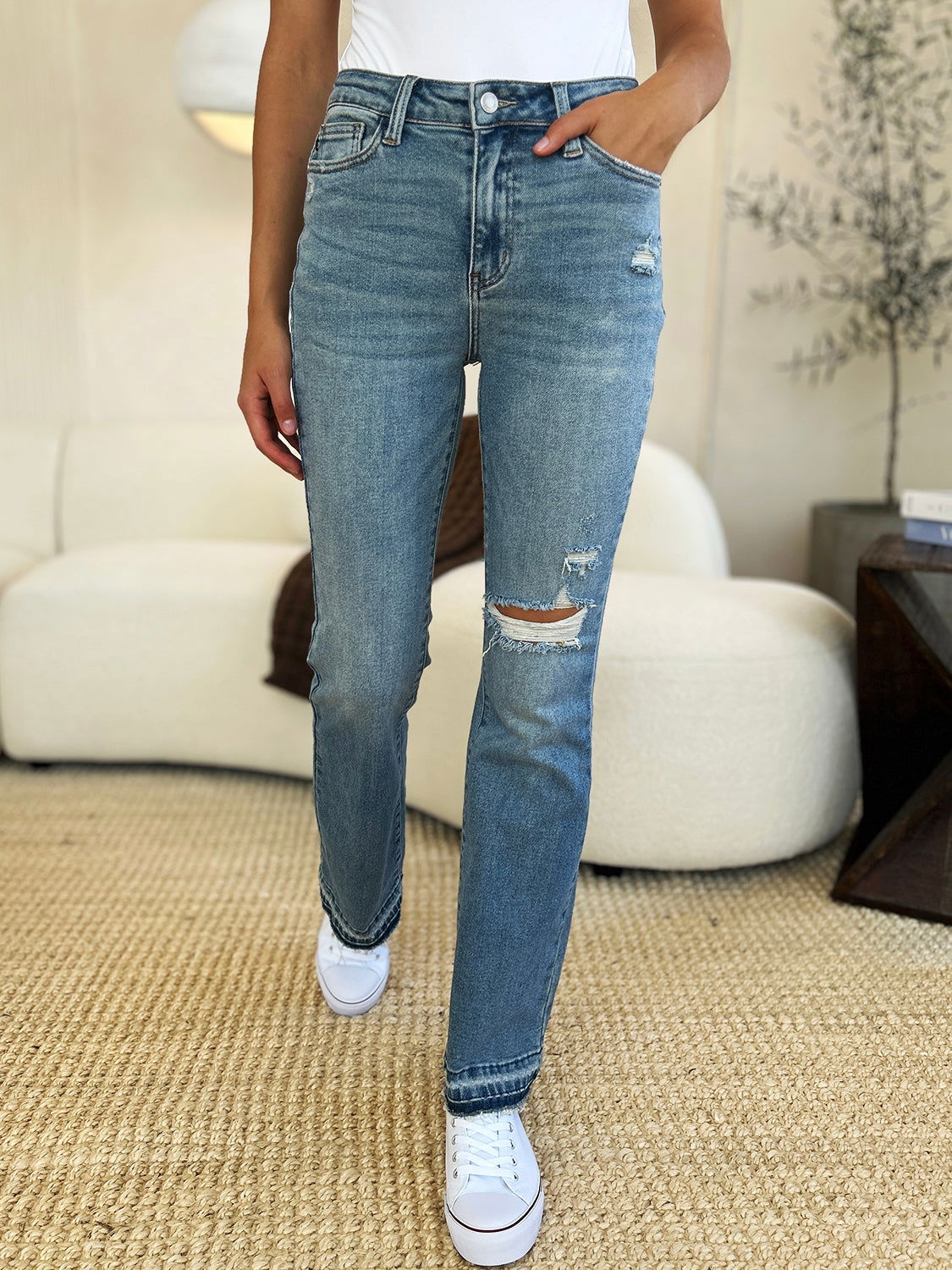 Judy Blue Full Size Mid Rise Destroyed Hem Distressed Jeans us.meeeshop - 