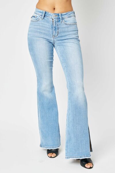 Judy Blue Full Size Mid Rise Raw Hem Slit Flare Jeans us.meeeshop - Pants