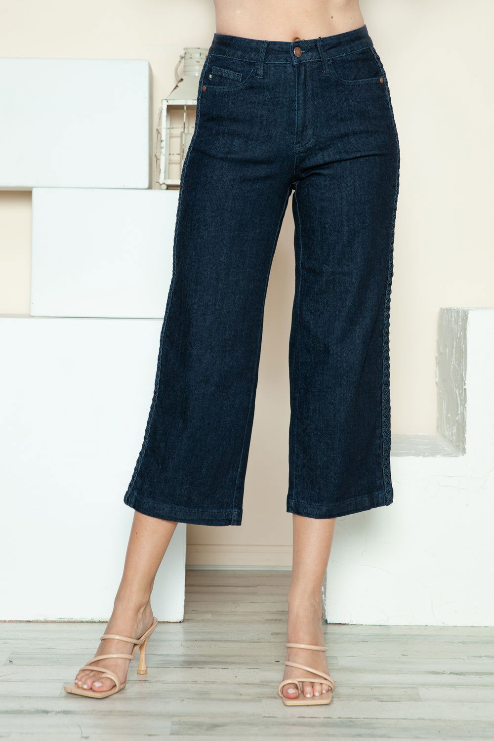 Judy Blue Full Size Side Seam Braid Detail Crop Wide Leg Jeans us.meeeshop - Pants